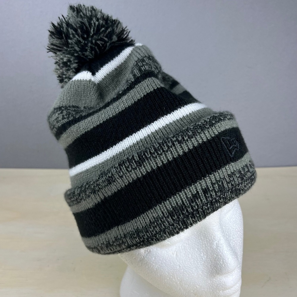 New Era Striped Knit Pom Beanie Hat Black Grey White Fleece Lined Cuffed OS